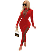 Lace Up Stitching See Through Long Sleeve Jumpsuit